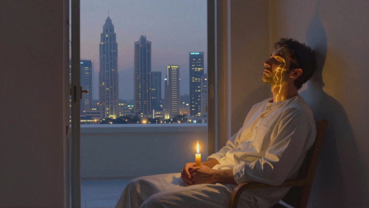 A man in deep surrender, bathed in candlelight, with Dubai&#039;s skyline visible in the distance.