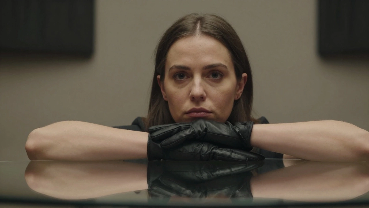 A woman&#039;s gloved hands resting calmly, her intense gaze reflecting in a glass surface.